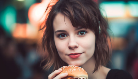 Cute young women enjoying a cheeseburger meal with happiness generated by artificial intelligenceの素材