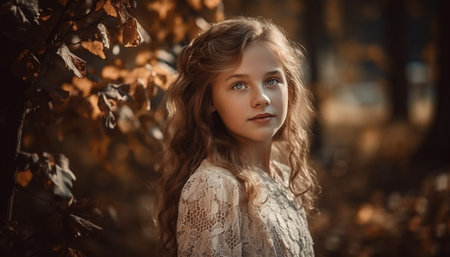 Cute young woman smiling, looking at camera in autumn forest generated by artificial intelligenceの素材