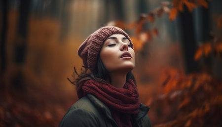 Smiling young woman in warm autumn fashion, surrounded by nature generated by artificial intelligenceの素材