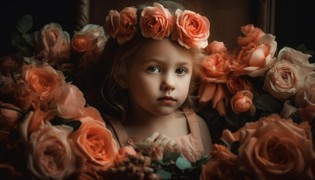 Cheerful small girl with cute brown hair holding flower bouquet indoors generated by artificial intelligenceの素材