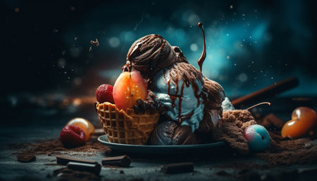Dark chocolate dessert basket, homemade candy and rustic cookie indulgence generated by artificial intelligenceの素材