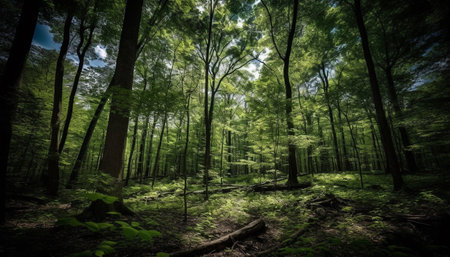 Tranquil scene of green forest, sunlight on tree branch, wilderness adventure generated by artificial intelligenceの素材