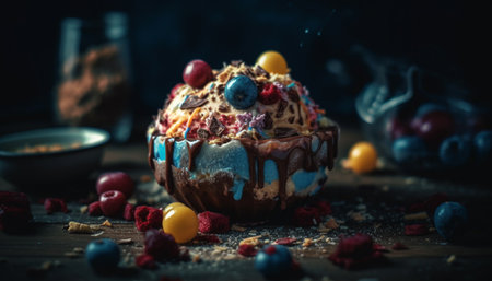 Indulgent homemade chocolate berry pie on rustic wood table for celebration generated by artificial intelligenceの素材