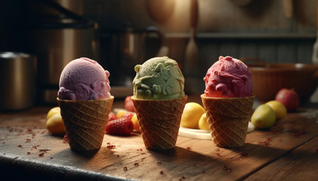 Summer indulgence Homemade ice cream cone with raspberry and strawberry generated by artificial intelligenceの素材