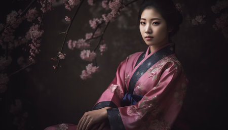 Graceful young women in traditional clothing embody Japanese elegance and beauty generated by artificial intelligenceの素材
