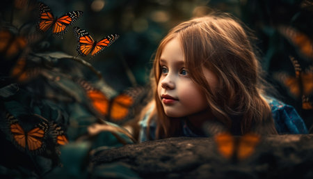 Cute Caucasian girl smiling, playing in nature with family and animals generated by artificial intelligenceの素材