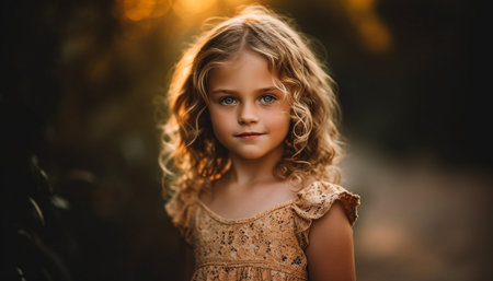 Smiling girl enjoys nature beauty, innocence and happiness in autumn generated by artificial intelligenceの素材