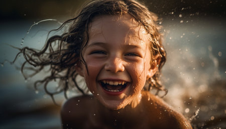 Happy children playing in the water, enjoying carefree summer vacations generated by artificial intelligenceの素材