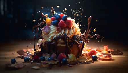 Indulgent gourmet dessert table with chocolate, fruit, and homemade baked goods generated by artificial intelligenceの素材