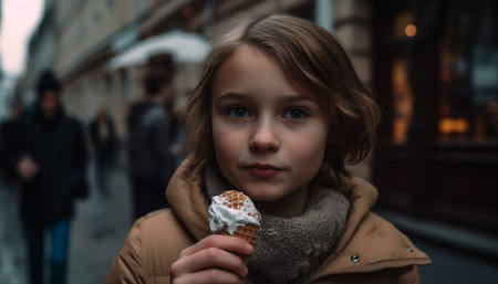 Cute Caucasian child smiling while eating ice cream in winter city generated by artificial intelligenceの素材