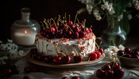 Berry cheesecake with fresh raspberry and strawberry decoration on wooden table generated by artificial intelligenceの素材