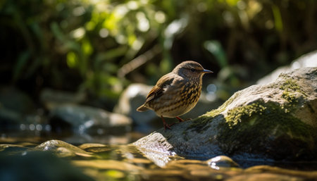 Small bird perching on branch, enjoying tranquil forest scene generated by artificial intelligenceの素材