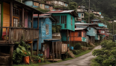 Stilt house in poverty stricken slum, surrounded by lush nature generated by artificial intelligenceの素材