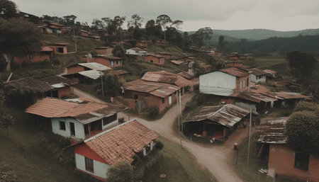 Rustic hut atop mountain in rural landscape, surrounded by nature generated by artificial intelligenceの素材
