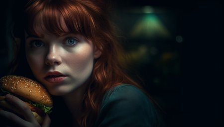 Cute young woman with brown hair smiling, looking at camera eating hamburger indoors generated by artificial intelligenceの素材