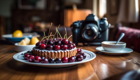 Sweet berry cheesecake on wooden plate, perfect for indulgence indoors generated by artificial intelligenceの素材
