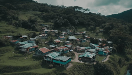High angle view of mountain range, green landscape, rural hut generated by artificial intelligenceの素材
