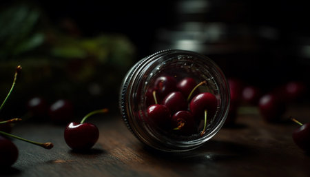 Organic berry snack on wooden table, refreshing summer drink glass generated by artificial intelligenceの素材