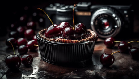 Rustic homemade berry dessert on wooden table, indulgent sweetness generated by artificial intelligenceの素材