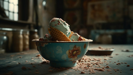 Sweet homemade ice cream in rustic bowl with chocolate decoration generated by artificial intelligenceの素材
