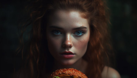 Beautiful young woman with brown hair looking at camera smiling generated by artificial intelligenceの素材