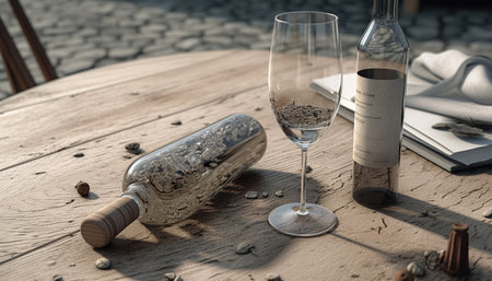 Old fashioned winery table displays luxury drinking equipment and craft ideas generated by artificial intelligenceの素材