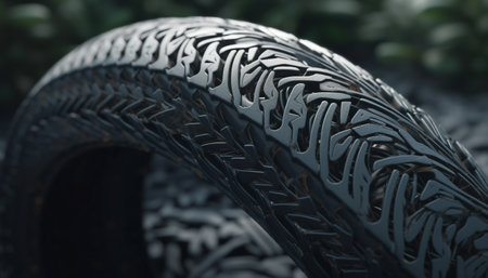 Shiny alloy wheel on wet car reflects nature colors generated by artificial intelligenceの素材