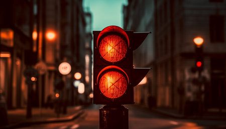 City traffic stops at illuminated stoplight, pedestrians cross safely generated by artificial intelligenceの素材