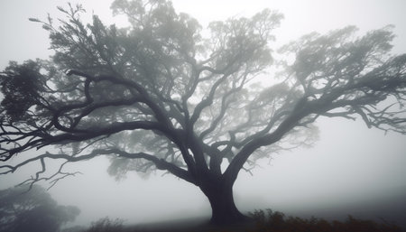 Spooky silhouette in foggy forest, mystery in autumn landscape generated by artificial intelligenceの素材
