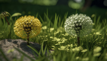 Fluffy dandelion blossom in green meadow, symbol of growth and beauty generated by artificial intelligenceの素材
