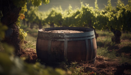 Organic winery harvests fresh grapes for old fashioned barrel aged wine generated by artificial intelligenceの素材