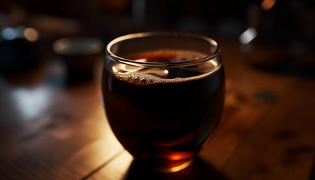 Refreshing liquid in glass on wooden table at dark bar generated by artificial intelligenceの素材