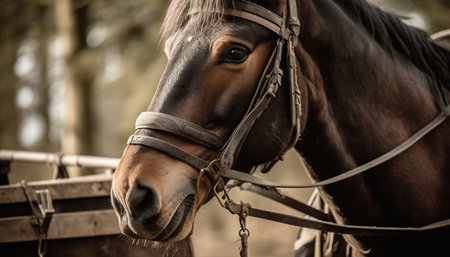 Thoroughbred stallion in rural scene, grazing in meadow pasture generated by artificial intelligenceの素材
