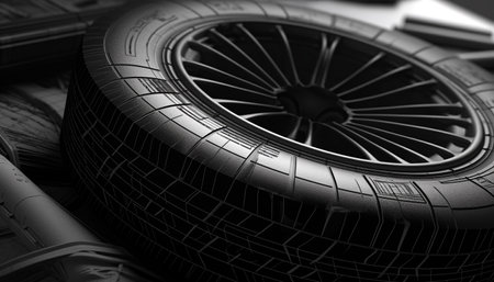 Shiny alloy wheel on a clean car in a monochrome image generated by artificial intelligenceの素材