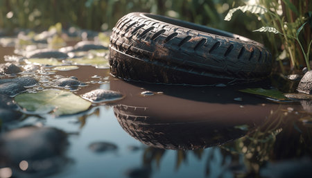 Green tire reflects autumn forest in tranquil wet pond scene generated by artificial intelligenceの素材