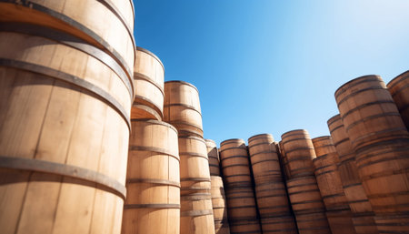 Stacked barrels in a winery warehouse, fermenting liquid in rows generated by artificial intelligenceの素材