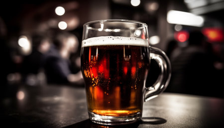 Frothy beer glass on table at dark bar establishment, nightlife celebration generated by artificial intelligenceの素材