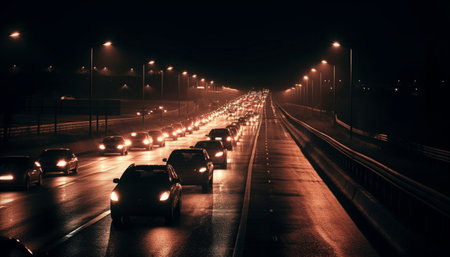 Nighttime rush hour on illuminated city highway with blurred motion generated by artificial intelligenceの素材