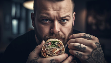 Confident young man with beard holding plate of gourmet lunch generated by artificial intelligenceの素材