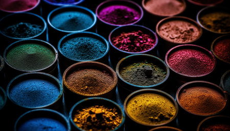 Metal bowls in a row, vibrant purple spice set indoors generated by artificial intelligenceの素材