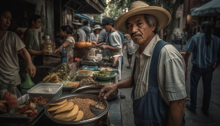 Busy street market selling fresh meals, fruits and vegetables generated by artificial intelligenceの素材