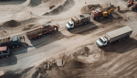 Construction vehicles in motion, digging dirt, unloading steel, delivering sand generated by artificial intelligenceの素材