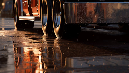 Driving on wet asphalt, raindrops splashing, reflecting city life motion generated by artificial intelligenceの素材