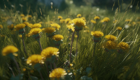 Vibrant daisy blossoms in a tranquil meadow at sunset generated by artificial intelligenceの素材