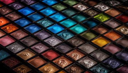 A vibrant collection of eyeshadow colors in a shiny palette generated by artificial intelligenceの素材