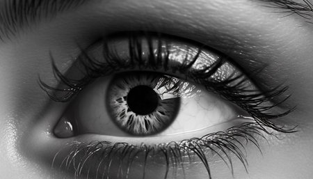 Beautiful woman staring with shiny, monochrome eye in extreme close up generated by artificial intelligenceの素材
