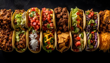 Grilled beef taco with guacamole, tomato, onion, and cilantro sandwiched in flatbread generated by artificial intelligenceの素材
