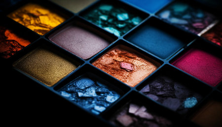 Vibrant colors in a large eye shadow palette for glamorous women generated by artificial intelligenceの素材
