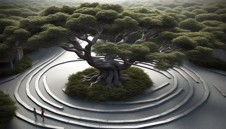 A digitally generated landscape of a forest with a spiral branch generated by artificial intelligenceの素材