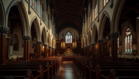 Inside the old cathedral, the gothic architecture and stained glass inspire spirituality generated by artificial intelligenceの素材